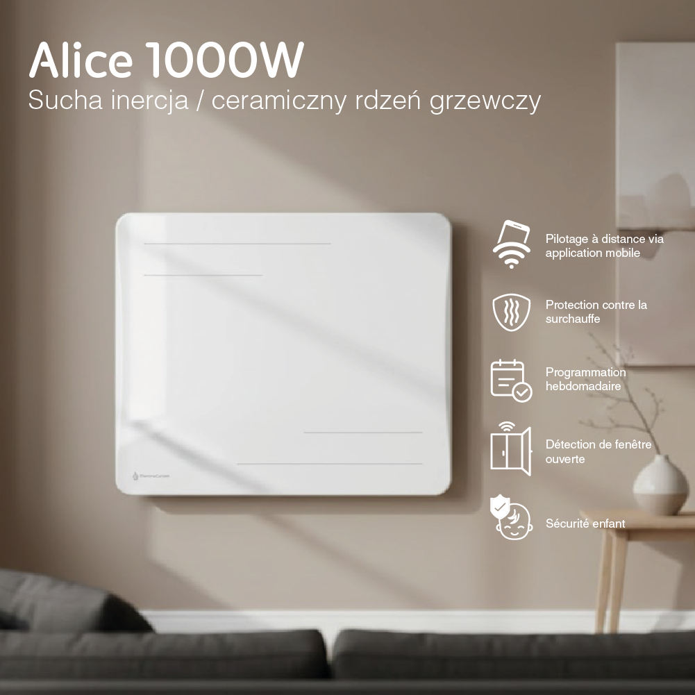 Grzejnik elektryczny Alice 1000 W z suchą bezwładnością ceramiczną, poziomy, biały
